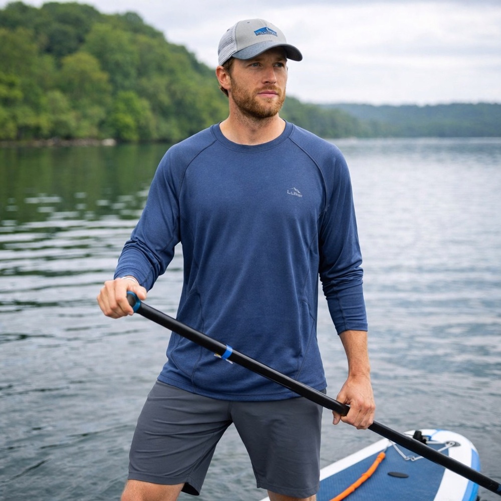 L.L. Bean Men's Deep Grey Blue Pullover Long Sleeve Flat Seams Tee Shirt
